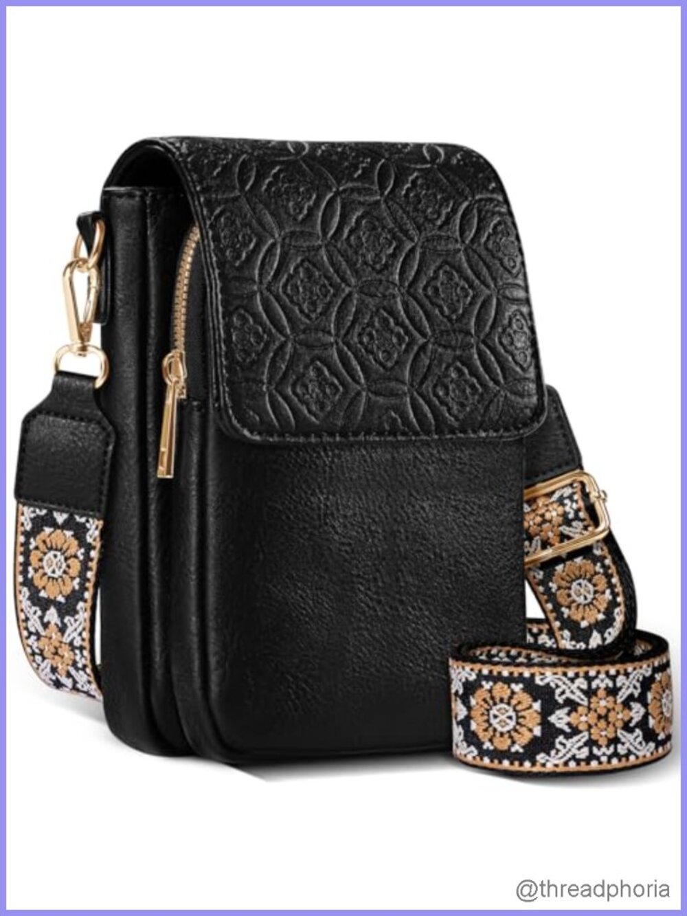 Small Vegan Leather Crossbody Bag with Adjustable Guitar Strap, Multiple Pockets